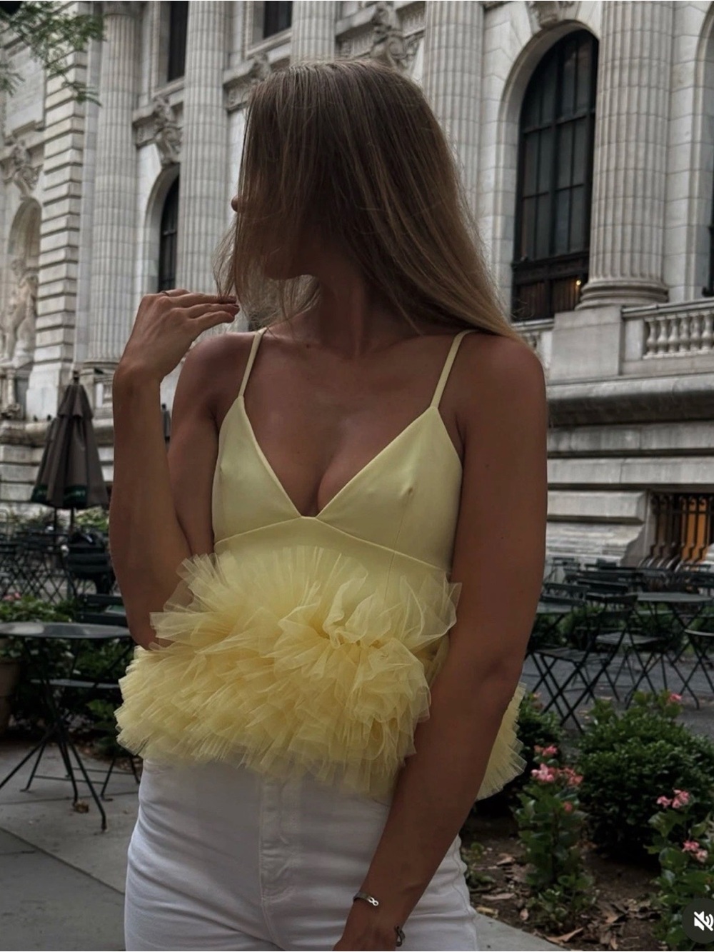 Butter Yellow Tulle Trim Spaghetti Strap Top